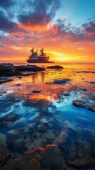 b'Offshore Oil Rig at Sunset'