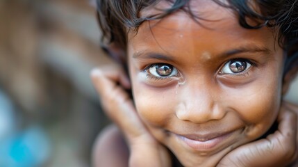 Close-up of a child's face, with a shy smile despite the hardship.