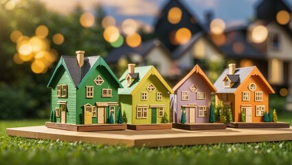 A group of colorful toy houses are arranged in a row on a grassy field. The houses are mostly green, with one brown house and one yellow house. The houses have different styles and shapes. - obrazy, fototapety, plakaty