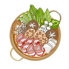 Hot pot, pork belly sliced and mix vegetables, mushrooms, lotus roots, onion, box cho, bunching onion and tofu in a pot with soup. Authentic Asian cuisine, vector food hand drawing.food Illustration  