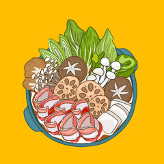 Hot pot, pork belly sliced and mix vegetables, mushrooms, lotus roots, onion, box cho, bunching onion and tofu in a pot with soup. Authentic Asian cuisine, vector food hand drawing.food Illustration  