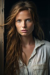 b'Portrait of a beautiful young woman with long red hair and blue eyes'