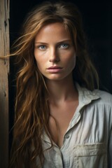 Fototapeta premium b'Portrait of a beautiful young woman with long red hair and blue eyes'