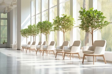 b'Modern waiting area with comfortable chairs and green plants'