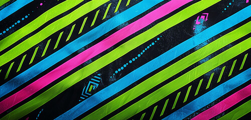 Bold stripes and chevrons in electric blue, lime, and pink on a jet-black canvas.