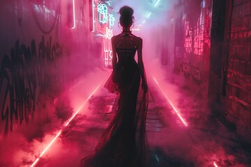 A woman in a red dress walks down a dark alleyway. The alleyway is lit by red neon lights.