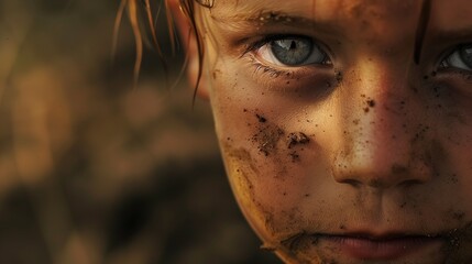 Close-up of a child's face, with dirt smudged cheeks and a hopeful gaze.