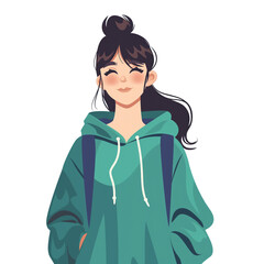 Content teen girl in green hoodie with backpack