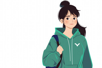 Teen girl ready for school in green hoodie with backpack