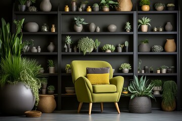 b'A living room with a green armchair and many plants on shelves.'