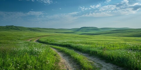 Fototapeta na wymiar b'Dirt road through a green hilly field'