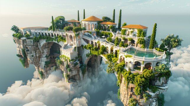 b'A floating island with a luxurious mansion and beautiful gardens'