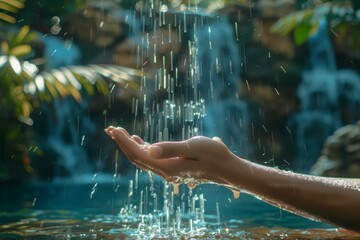 A person's hand is holding a handful of water from a waterfall - obrazy, fototapety, plakaty