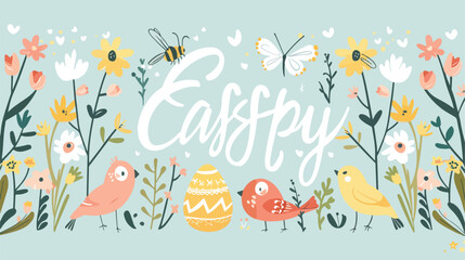 Happy easter lettering with birds bees and flowers.
