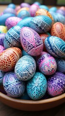 b'A wooden bowl filled with colorful Easter eggs with intricate designs'