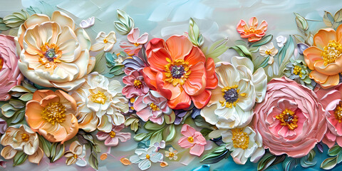 A vibrant painting of varied colored flowers. Textured oil illustration. Summer floral.