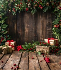 Fototapeta na wymiar b'Rustic Christmas background with presents and fir branches'