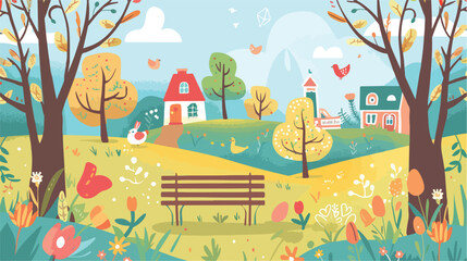 Happy Easter spring landscape with bench houses field