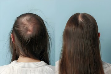 Compare two photos before and after hair loss treatment in a collage. Concept Hair Loss Treatment, Before and After, Photo Collage