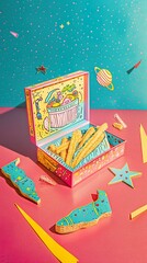 Celestial lunchbox, universe-inspired, meals from galaxies, planets, and stars Taste the cosmos with each open box Photography, Backlights, Bokeh effect, High-angle view