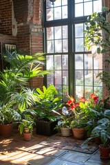 Fototapeta na wymiar b'Indoor plants in front of a large window'