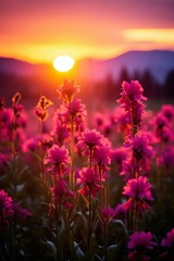 b'Field of pink flowers with a sunset in the background'