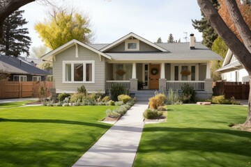 Fototapeta na wymiar b'Craftsman-Style Bungalow with a Front Porch and a Landscaped Garden'
