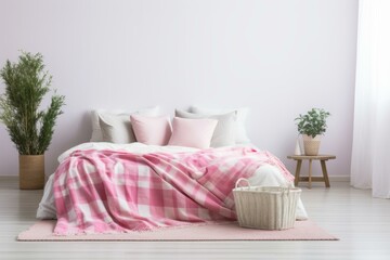Fototapeta na wymiar b'Simple and elegant bedroom with pink blanket and pillows'