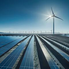 Vast Panoramic View of A Solar and Wind Renewable Energy Power Station