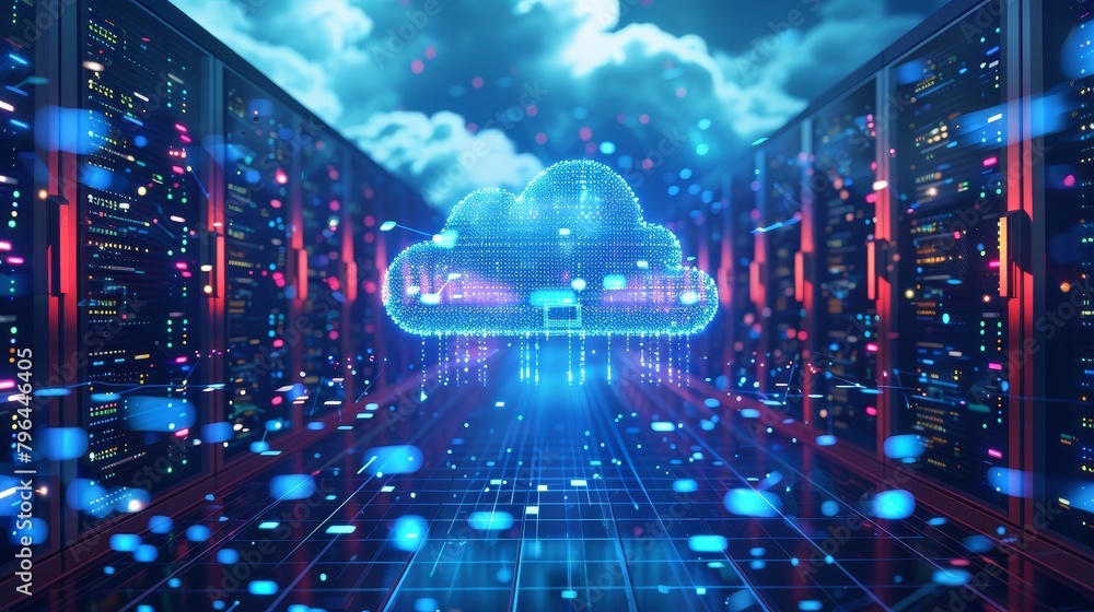 Poster cloud computing: a 3d vector illustration of a cloud server surrounded by digital data