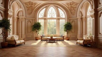 Fototapeta na wymiar b'Ornate and spacious living room with large windows'