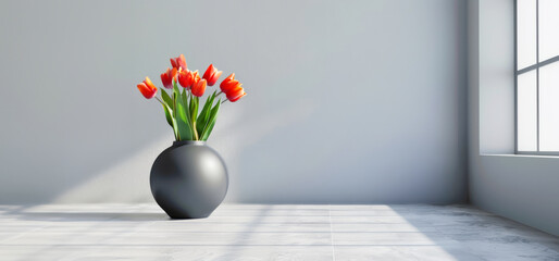 Tulips flower in a vase are placed in room, wedding decoration and preparation with copy space.