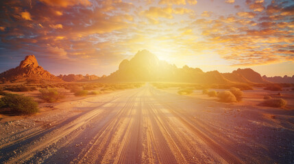  View of dirt road, Off-road in countryside, Country road with natural scenery at sunrise