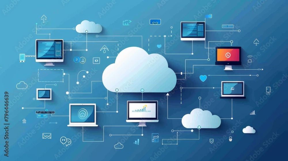 Poster cloud computing: a vector graphic showing data being synchronized