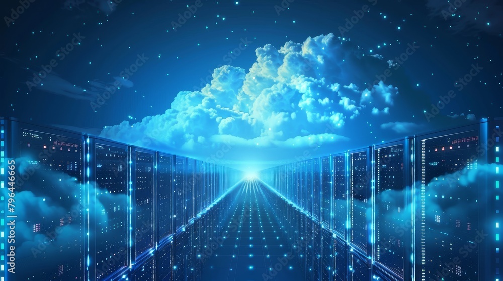 Poster cloud computing: a vector illustration showing a virtual cloud server