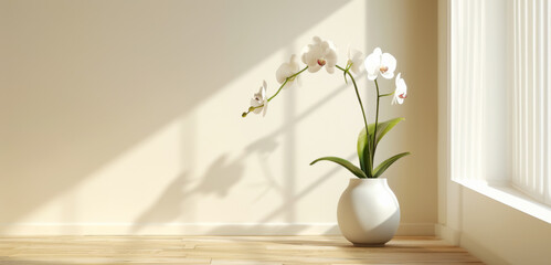 Orchid flower in a vase are placed in room, wedding and  spa preparation with copy space.
