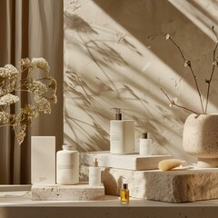 b'Bath and body products displayed on podiums with dried plants in the background'