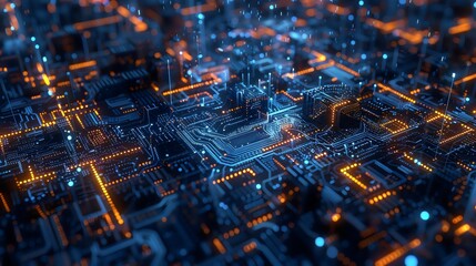 Circuit board illuminated with neon lights generative ai