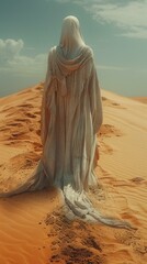 b'A figure in a white robe walks through the desert' - obrazy, fototapety, plakaty