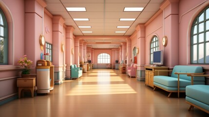 b'A Long Pink Hospital Hallway with Arched Windows' - obrazy, fototapety, plakaty