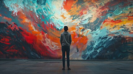 A lone individual stands in front of a striking and thoughtprovoking mural back turned to the camera as they take a moment to . .