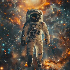 b'Lone Astronaut Amidst Vibrant Nebula'