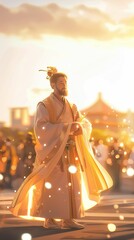 Diplomat, traditional robes, negotiating a treaty between warring kingdoms, under the clear blue skies, realistic, golden hour, depth of field bokeh effect, Rack focus view - obrazy, fototapety, plakaty