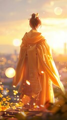 Diplomat, traditional robes, negotiating a treaty between warring kingdoms, under the clear blue skies, realistic, golden hour, depth of field bokeh effect, Rack focus view - obrazy, fototapety, plakaty