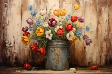 Flowers in bucket painting plant art. - obrazy, fototapety, plakaty