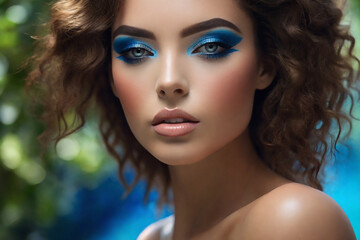 Close-up portrait of beautiful young woman with blue make-up