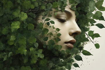 Double exposure of beautiful female face surrounded by green leaves. Natural beauty concept.