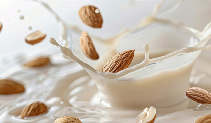 almonds floating in a splash of milk on a white background, almond milk concept