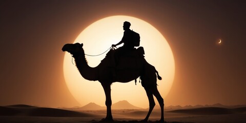 a silhouette of an man riding a camel in desert with sun in background
