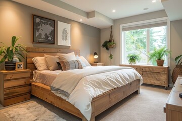 b'A cozy and inviting master bedroom with a rustic, modern design'